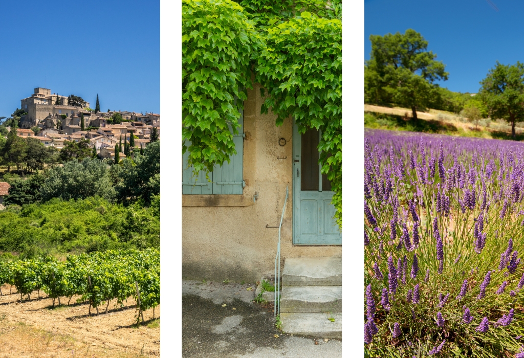 Paysages du Luberon sud : village, porte et lavande